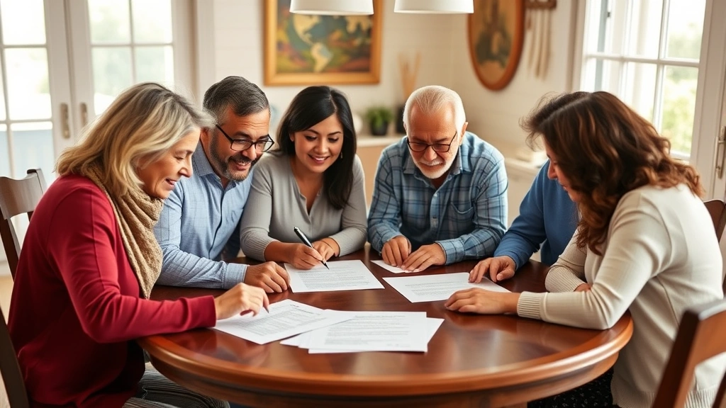 Multigenerational Spanish-speaking family gathered around dining table reviewing estate planning documents together, papers and pen visible, warm family atmosphere, natural daylight from windows