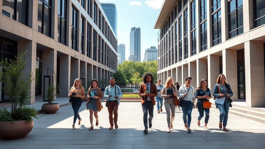 Professional law school campus courtyard with modern architecture, students walking with law books and laptops, natural lighting, Dallas skyline visible in background, diverse group of law students studying outdoors
