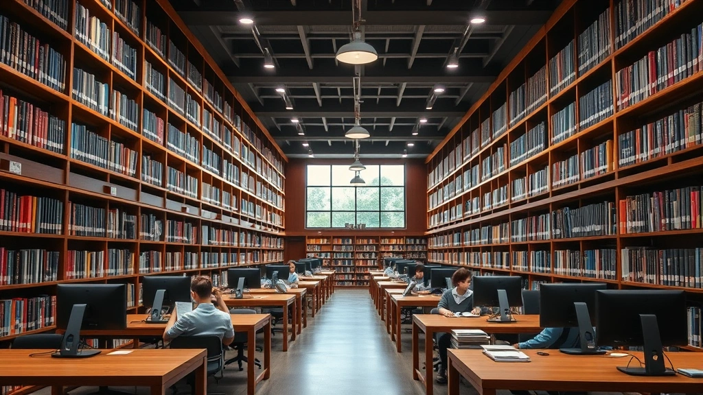 Law library interior with floor-to-ceiling bookshelves, wooden study desks, professional lighting, students researching at computers and reading legal materials, modern yet traditional academic atmosphere