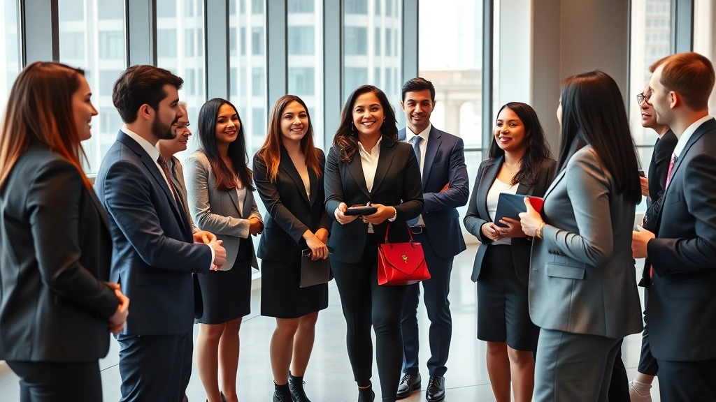 Diverse group of law school graduates in professional business attire during career networking event, shaking hands with legal professionals and employers, Dallas downtown office building setting, confident professional environment