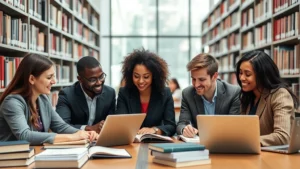 Professional diverse law students studying together in modern law library with natural lighting, surrounded by legal books and laptops, collaborative learning environment