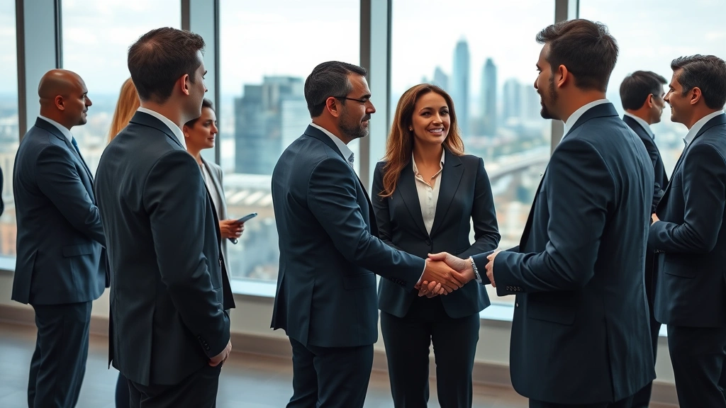 Executive business professionals in suits networking at formal legal conference reception, shaking hands and conversing, Dallas skyline visible through windows