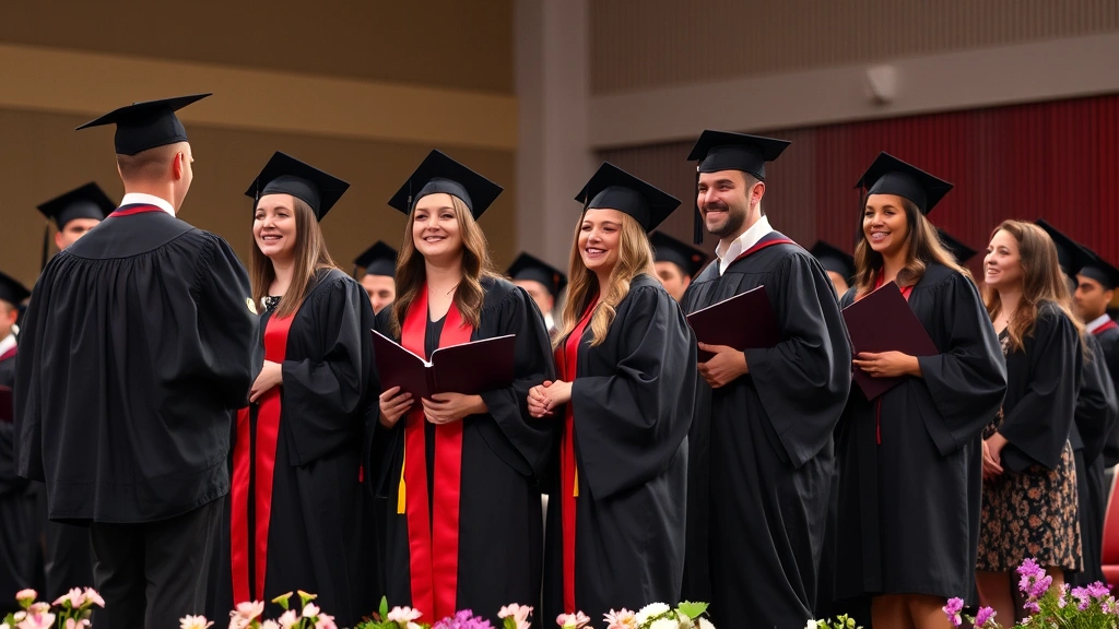 Law school graduates in academic regalia receiving diplomas on graduation stage, proud families watching, celebrating legal education achievement and career launch