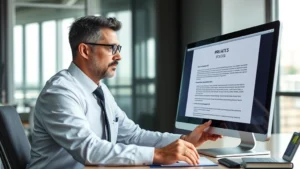 Professional lawyer reviewing privacy policies on computer screen in modern office setting, focused expression, legal documents visible on desk, natural lighting