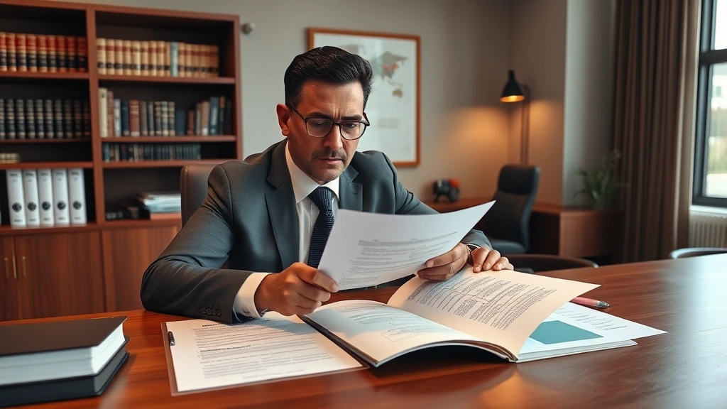 Professional male lawyer of Hispanic descent reviewing Spanish-language inheritance documents and family tree charts at wooden desk in modern law office, warm lighting, serious professional expression