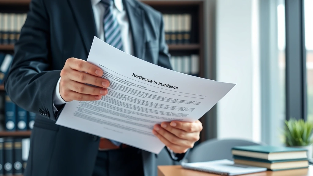 Professional family lawyer in business attire reviewing Spanish inheritance documents in modern office setting with law books visible in background
