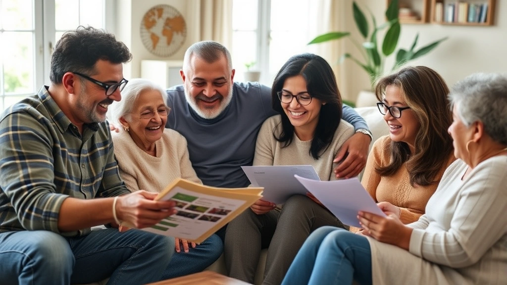 Diverse multigenerational Hispanic family sitting together in warm home living room setting, laughing and discussing family documents, natural daylight from windows, warm and inclusive atmosphere