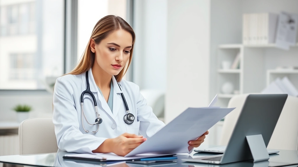 Professional female physician in white coat reviewing medical documents at desk in modern healthcare office, thoughtful expression, natural lighting from window, stethoscope visible