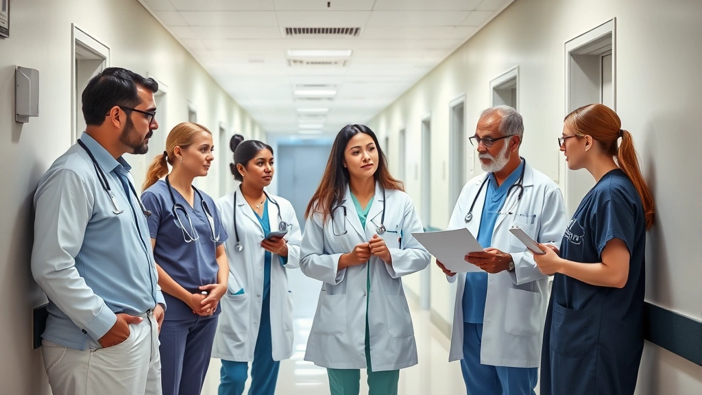 Diverse group of healthcare professionals in hospital corridor discussing medical information, serious professional demeanor, modern medical facility interior, collaborative atmosphere