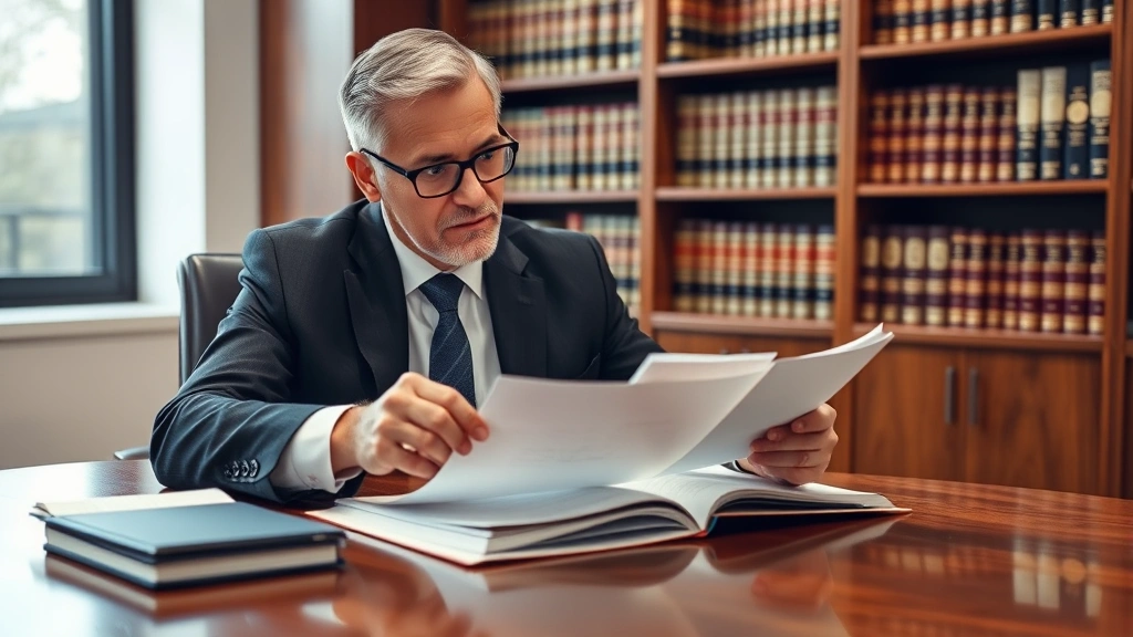 Legal professional in business attire reviewing documents at wooden desk with law books visible in background, professional office environment, focused expression
