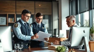 Professional law enforcement investigators in modern office conducting case review with computers and case files, serious professional atmosphere, natural lighting