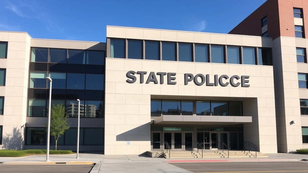 State police headquarters building exterior modern architecture, professional government facility, daytime photography with clear sky