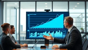 Professional business consultant analyzing growth charts and scaling diagrams on a digital display in a modern office conference room, showing exponential curves and mathematical relationships