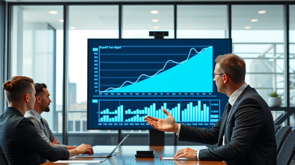 Professional business consultant analyzing growth charts and scaling diagrams on a digital display in a modern office conference room, showing exponential curves and mathematical relationships