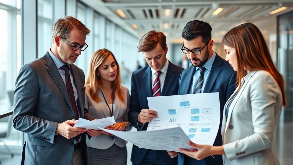 Diverse group of compliance officers and risk managers in professional attire examining organizational structure diagrams and data protection protocols in a corporate headquarters setting