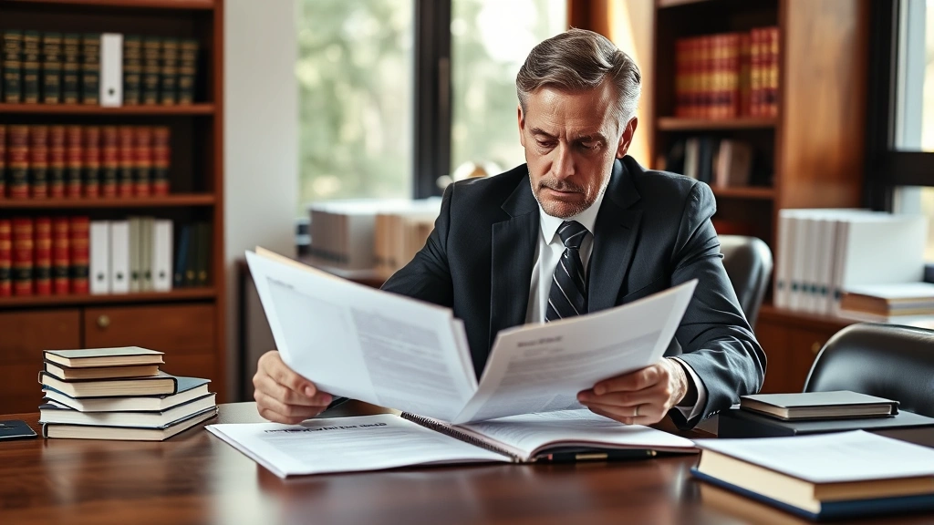 Professional lawyer in business suit reviewing contract documents at wooden desk with law books and legal files in background, natural lighting from office window, serious concentrated expression