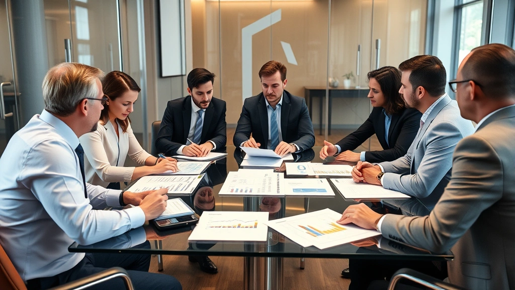 Diverse group of business professionals in conference room around glass table during shareholder meeting, reviewing financial reports and charts, collaborative discussion atmosphere