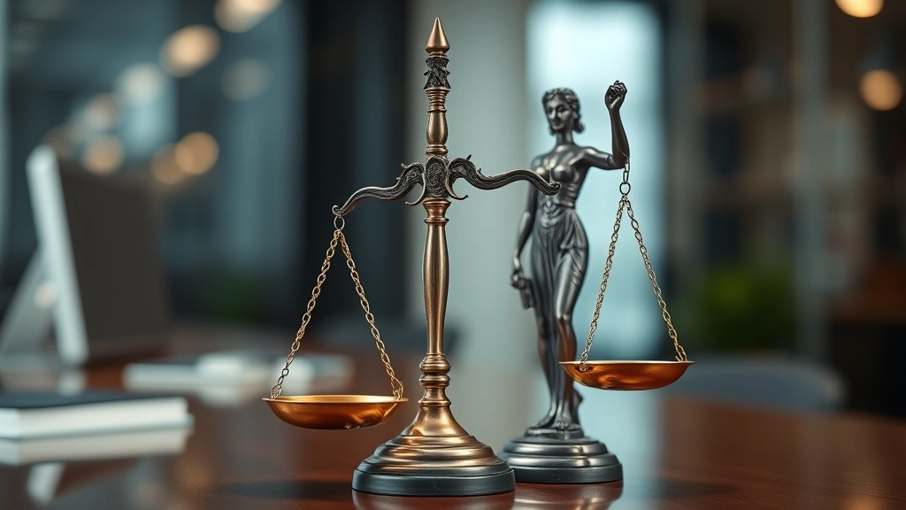 Close-up of balanced scales of justice in bronze with soft focus corporate office environment behind, symbolizing fair treatment and legal equilibrium in business dealings