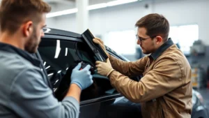 Professional automotive technician applying window tint film to front passenger window of sedan in well-lit shop, using precision tools and squeegee, showing careful application technique