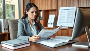 Professional female attorney reviewing legal documents and statutes at wooden desk with law books and computer, natural office lighting, focused expression, formal business attire