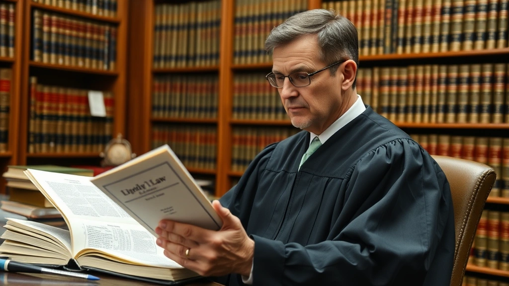 Male judge in chambers reviewing statutory law books and legal codes, surrounded by law library shelves, professional setting, concentrated expression, judicial robes visible