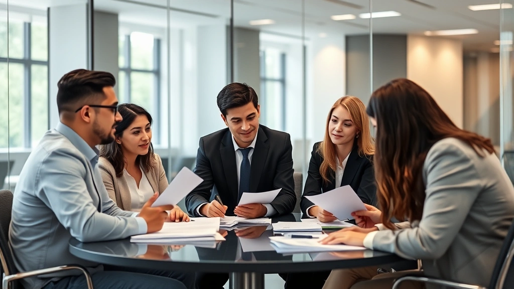 Diverse team of lawyers in conference room discussing statutory law and legislation, reviewing documents, collaborative professional environment, modern office space with glass windows