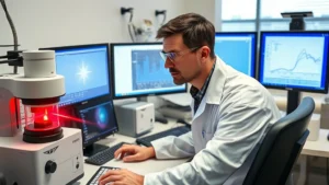 Professional aerosol scientist in laboratory examining particle size distribution equipment with laser diffraction analyzer, wearing safety glasses and lab coat, working at analytical instrumentation desk with computer monitors displaying particle data graphs