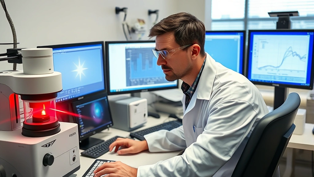Professional aerosol scientist in laboratory examining particle size distribution equipment with laser diffraction analyzer, wearing safety glasses and lab coat, working at analytical instrumentation desk with computer monitors displaying particle data graphs