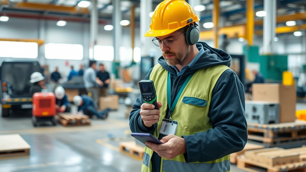 Occupational hygienist conducting workplace air quality assessment in manufacturing facility, using handheld particle counter device near worker area, with industrial machinery visible in background, professional documentation in progress