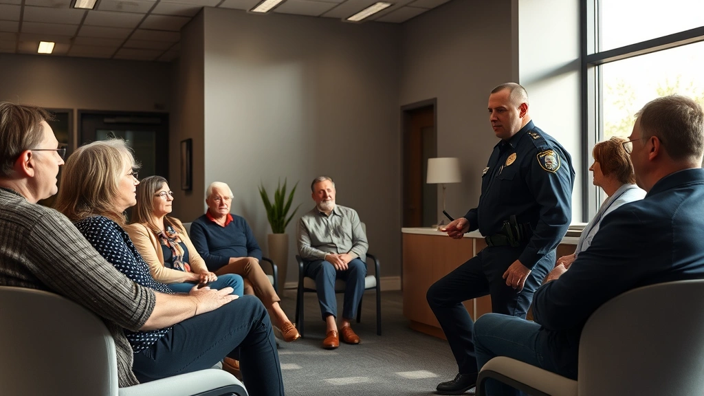 Professional law enforcement officer in uniform conducting community meeting in modern police station, diverse group of residents seated, collaborative discussion setting, natural lighting, respectful and trusting atmosphere, no visible badges or identifying text