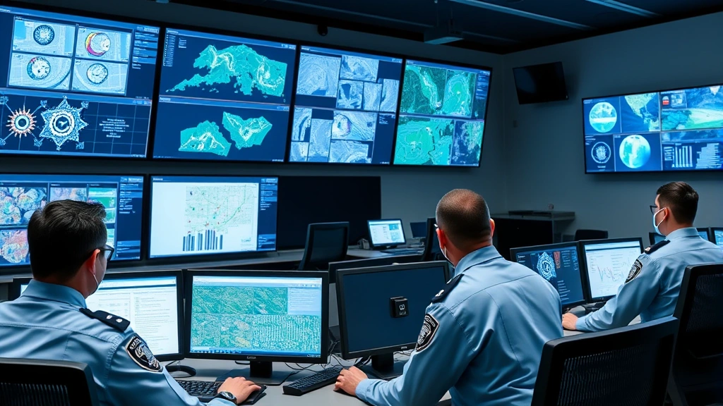 Modern police department control room with multiple computer monitors displaying data analytics and mapping systems, officers reviewing information at workstations, professional environment with technology infrastructure, focused work setting, no readable screen content or case-specific information