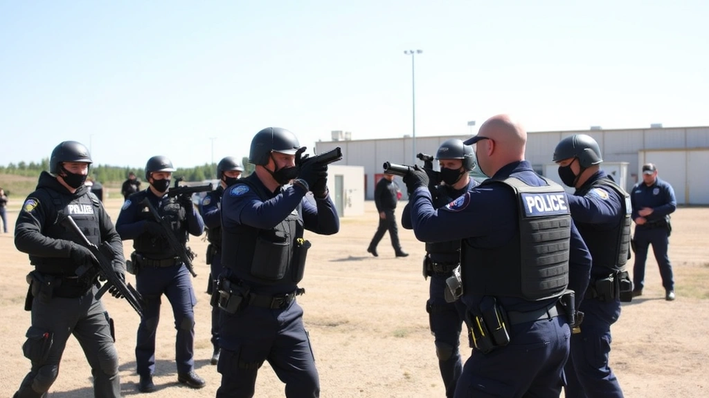 Diverse law enforcement training session with officers in tactical gear practicing de-escalation techniques with instructors, outdoor training facility, practical hands-on instruction, professional development focus, clear sky background, no visible facility signage or identifying markers