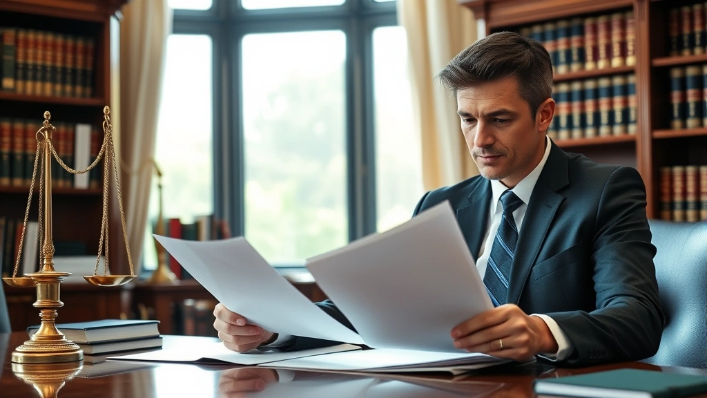 Professional lawyer in business attire reviewing legal documents at mahogany desk with law books in background, natural lighting from office window, serious focused expression