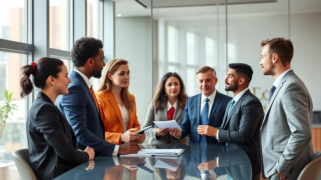 Diverse group of lawyers in professional business clothing having discussion in modern law office conference room, natural light, collaborative atmosphere