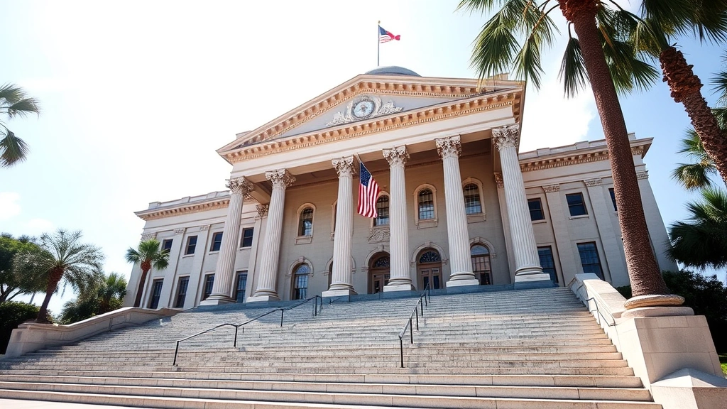 Professional photograph of Florida state capitol building in Tallahassee with classical architecture, bright daylight, American and Florida flags visible, imposing stone columns and steps, no people visible