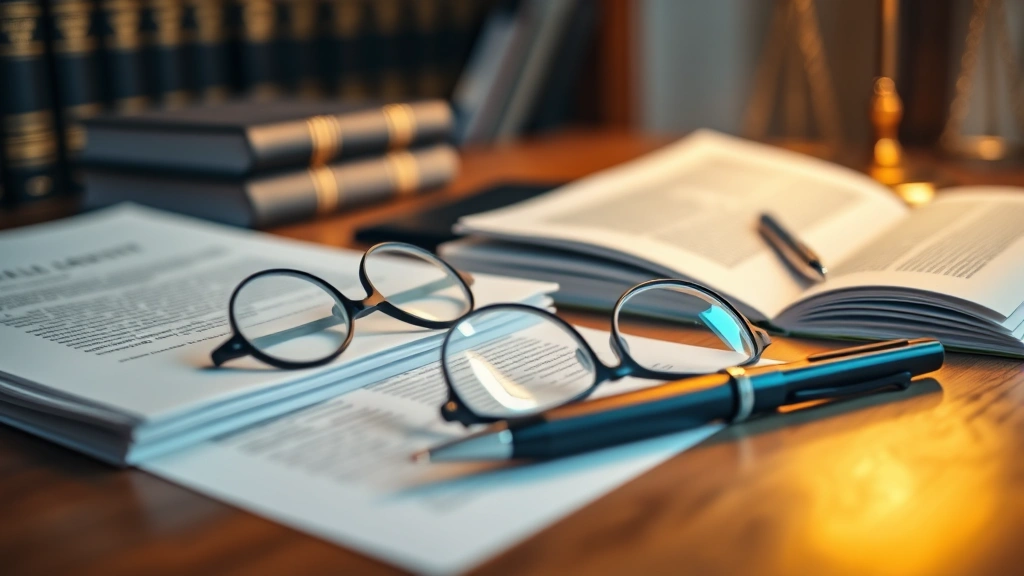 Close-up of law books and legal documents on wooden desk with reading glasses and pen, professional legal office environment, warm lighting, organized arrangement of reference materials, shallow depth of field
