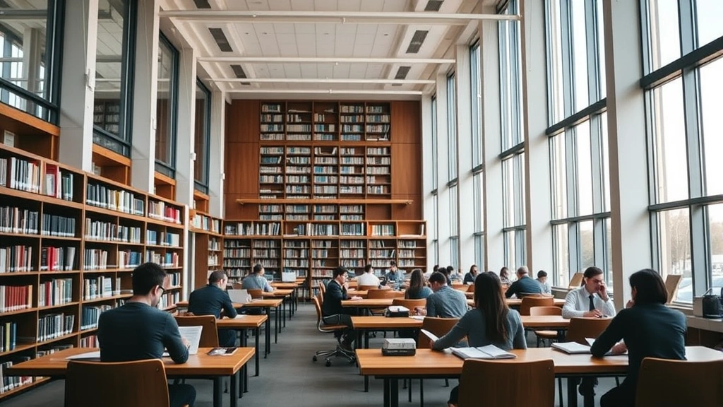 Professional law library interior with modern architecture, students studying at wooden tables with law books, natural lighting from tall windows, upscale academic environment, no visible text on book spines