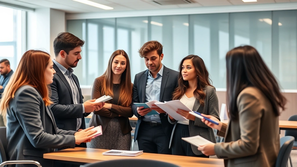 Diverse group of law students in business casual attire having discussion in modern classroom setting, taking notes, engaged learning environment, professional development atmosphere, classroom visible but not signage