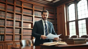 Professional law library with mahogany bookshelves, leather-bound legal volumes, and natural light streaming through tall windows. A confident attorney in business attire stands reviewing documents at a wooden desk, suggesting prestige and professional excellence.