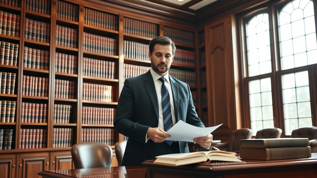Professional law library with mahogany bookshelves, leather-bound legal volumes, and natural light streaming through tall windows. A confident attorney in business attire stands reviewing documents at a wooden desk, suggesting prestige and professional excellence.