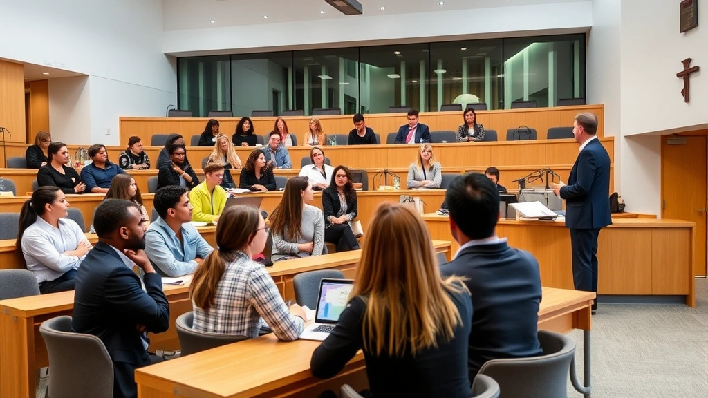 Modern law school classroom with tiered seating, contemporary furnishings, and diverse students engaged in discussion. Professor in professional attire leads interactive learning session, representing elite legal education and collaborative learning environment.