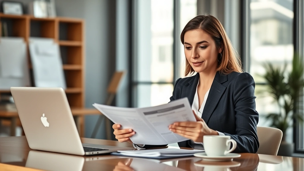 Professional businesswoman reviewing legal documents at modern office desk with laptop and coffee, natural lighting, confident expression analyzing compliance materials