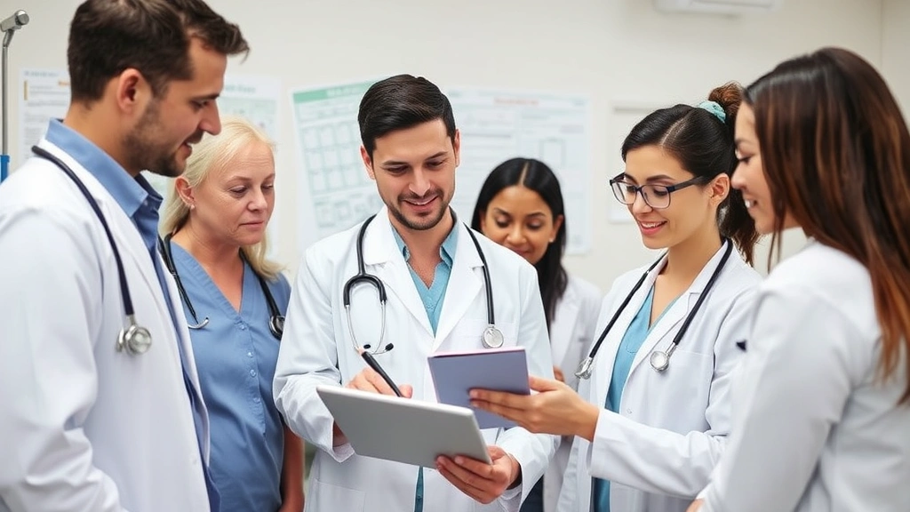 Diverse group of healthcare professionals in clinical setting reviewing patient records on tablet, collaborative environment, medical office background with charts