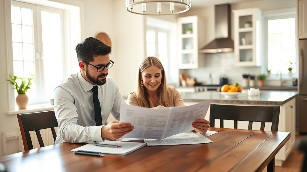 Real estate agent and clients reviewing property documents at kitchen table in residential home, natural sunlight, professional attire, contract paperwork visible
