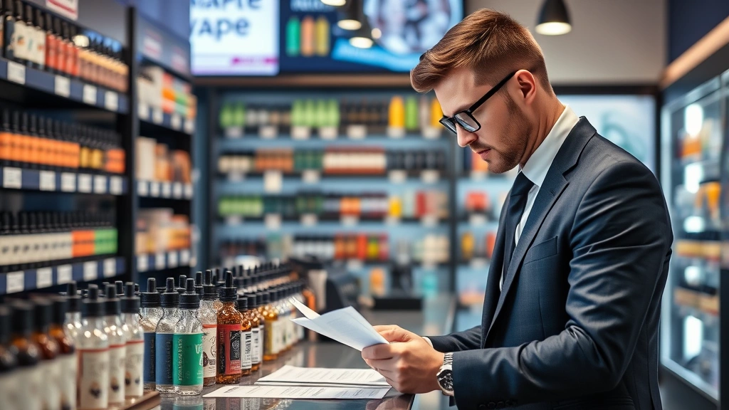 Professional retail compliance officer reviewing vaping product inventory and labeling requirements in a modern vape shop, examining bottles and documentation at a counter, professional business attire, focused expression, natural lighting