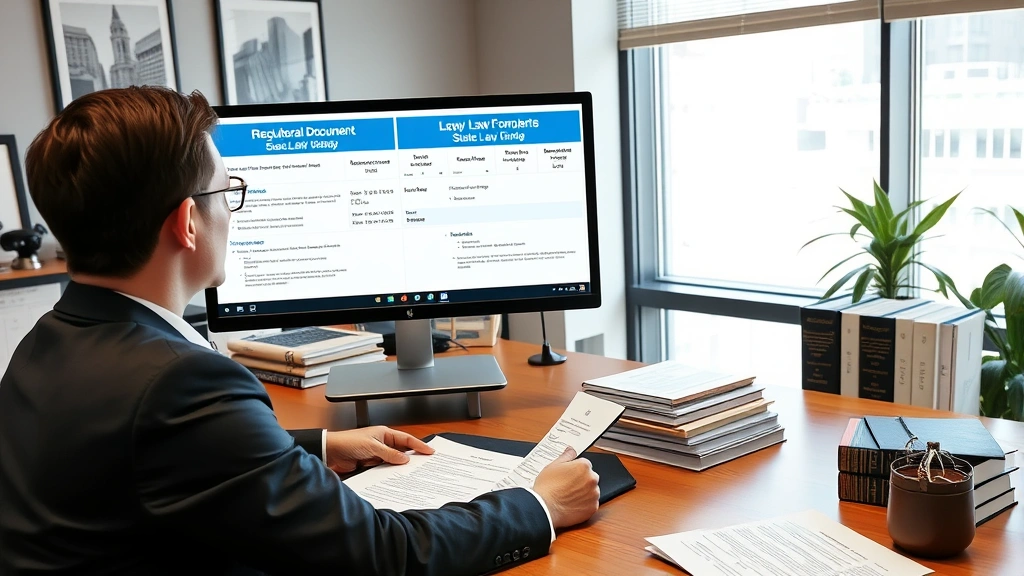 Legal professional in office reviewing regulatory documents and state law comparisons on computer screen, organized desk with law books and compliance materials, professional business environment, concentrated work atmosphere