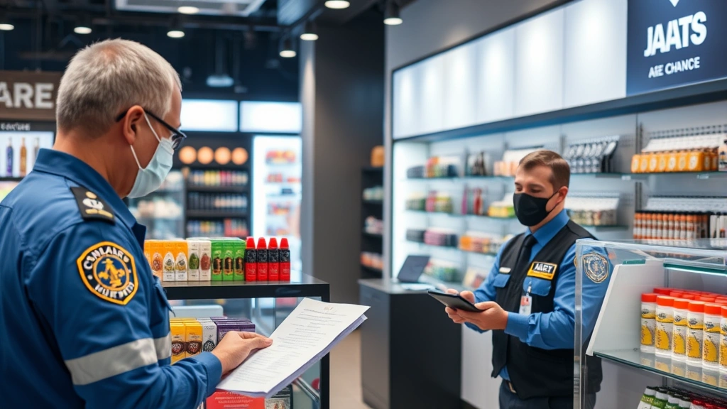 Government health inspector conducting compliance check at vape retail location, examining product displays and age verification signage, professional inspection process, neutral professional demeanor, modern retail environment