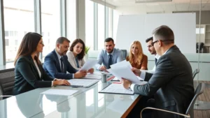 Professional Texas office environment with diverse employees reviewing documents at conference table, natural lighting, corporate setting, focused and collaborative atmosphere