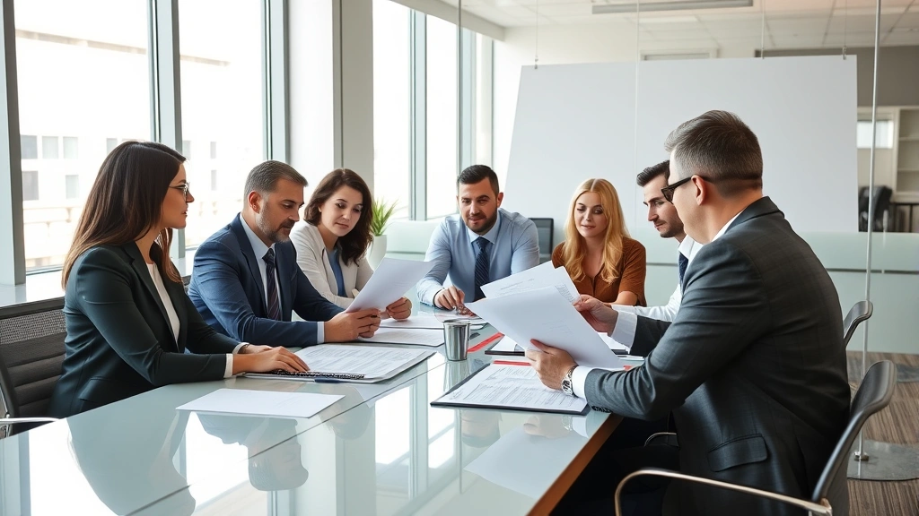 Professional Texas office environment with diverse employees reviewing documents at conference table, natural lighting, corporate setting, focused and collaborative atmosphere