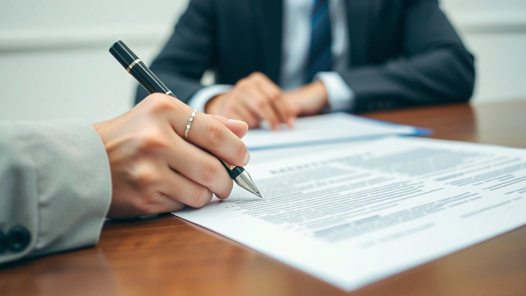 Close-up of employment contract and pen on desk with professional background, formal document signing scene, business attire visible, neutral workspace